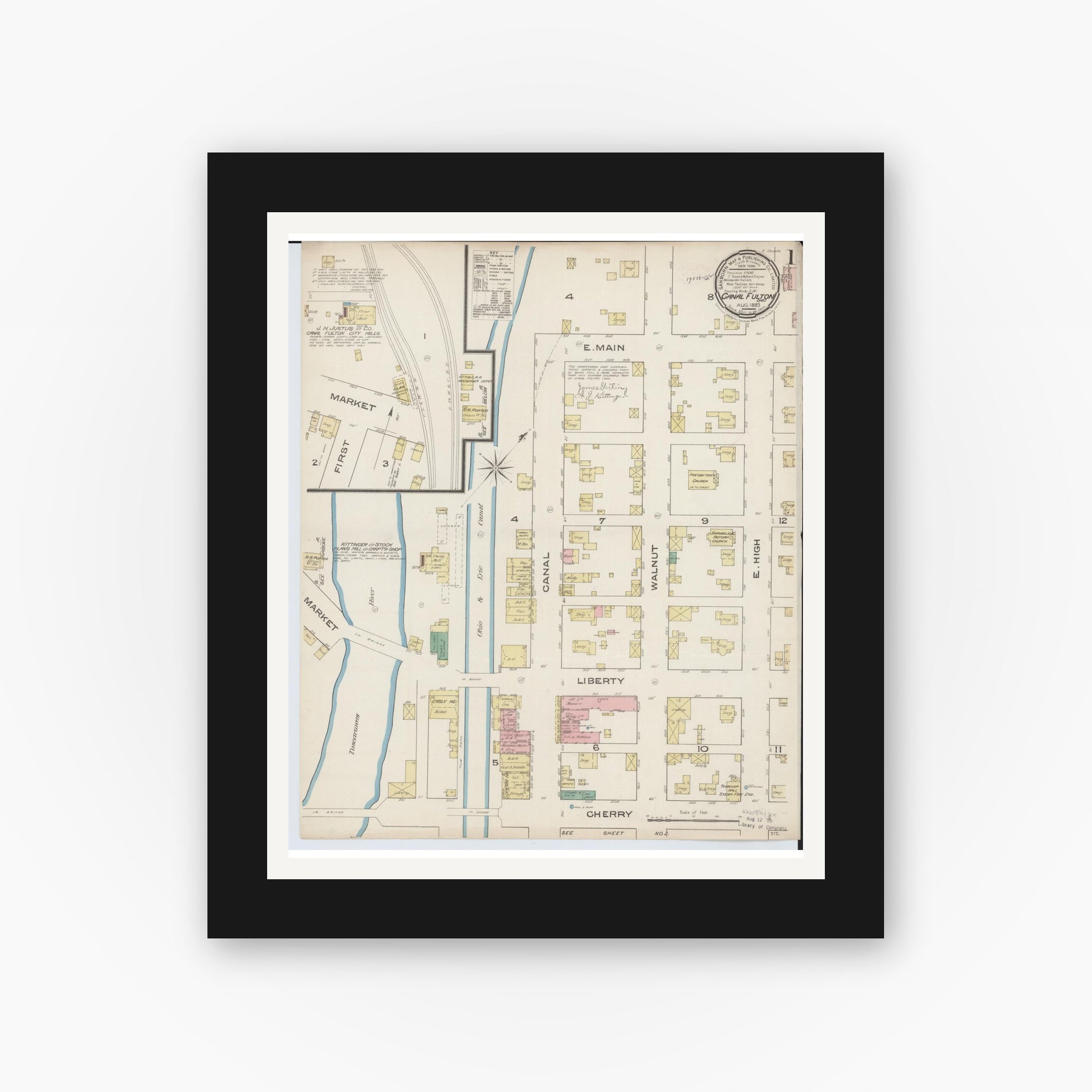 Old map wall art mockup — black gallery frame with white mat — Sanborn Fire Insurance Map from Canal Fulton, Stark County, Ohio (1885), Sheet #0001