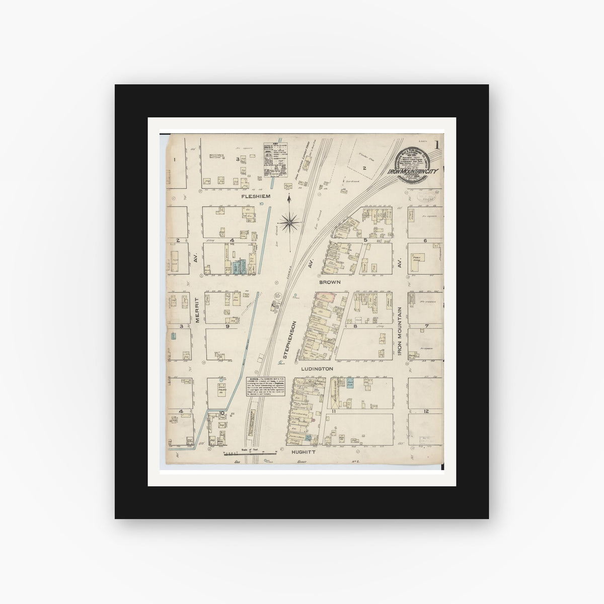 Old map wall art mockup — black gallery frame with white mat — Sanborn Fire Insurance Map from Iron Mountain, Dickinson County, Michigan (1884), Sheet #0001