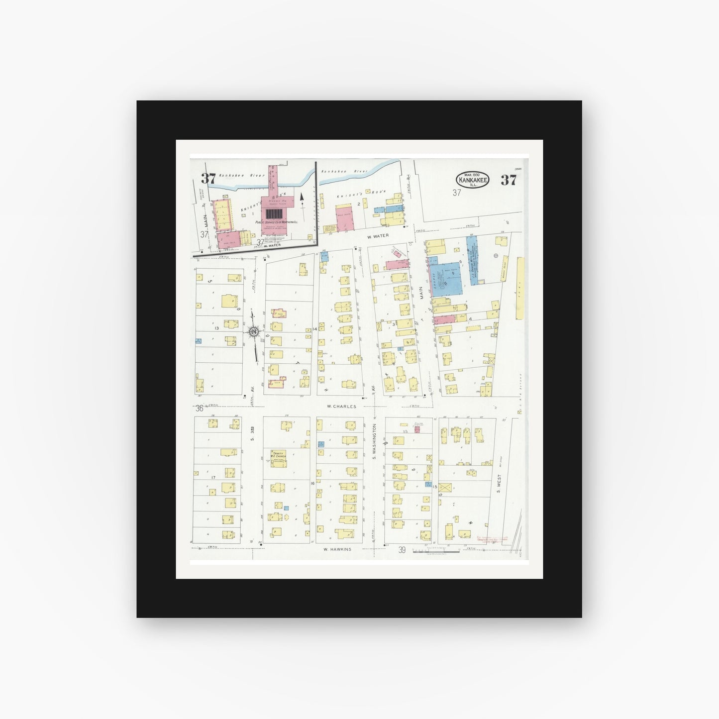 Old map wall art mockup — black gallery frame with white mat — Sanborn Fire Insurance Map from Kankakee, Kankakee County, Illinois (1930), Sheet #0037