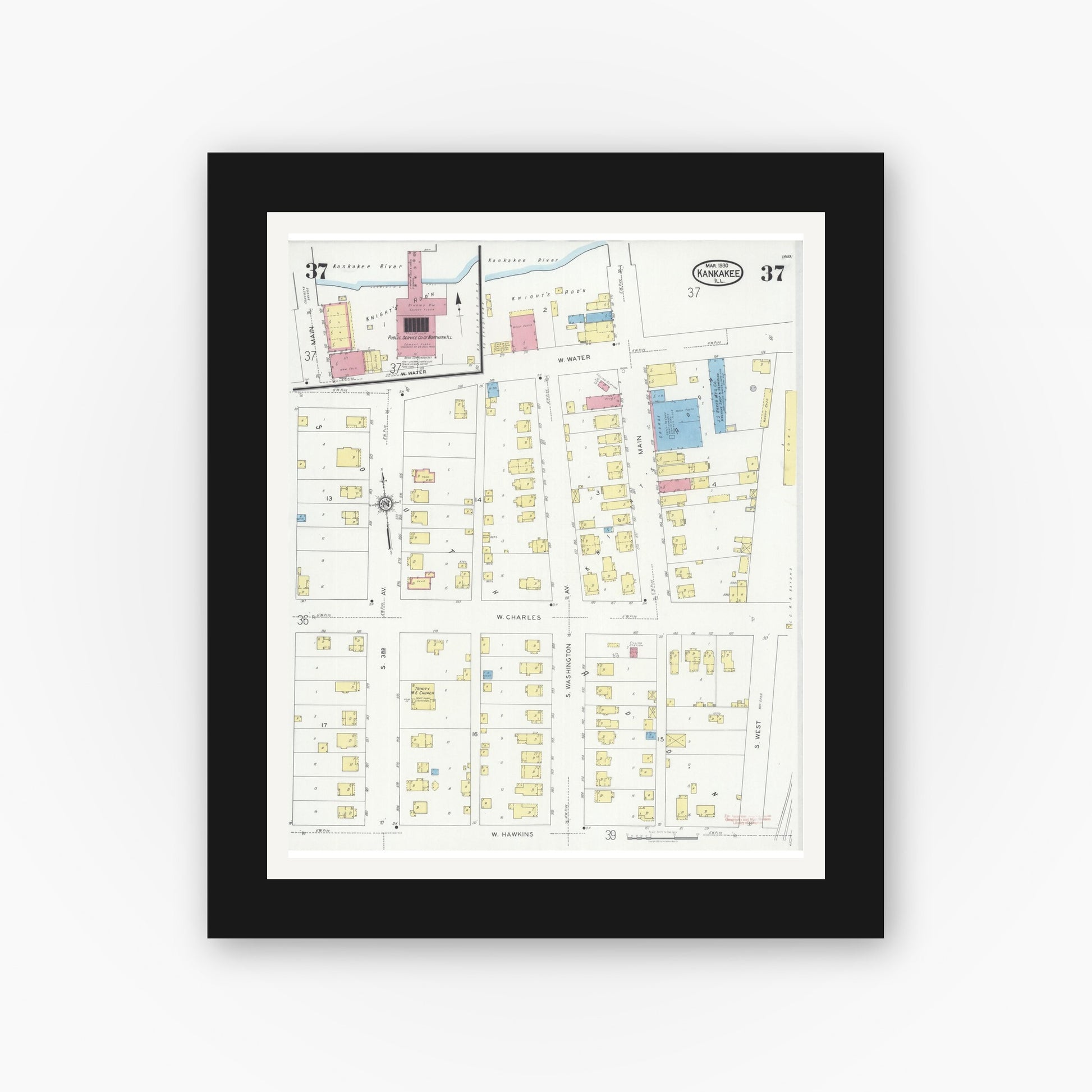 Old map wall art mockup — black gallery frame with white mat — Sanborn Fire Insurance Map from Kankakee, Kankakee County, Illinois (1930), Sheet #0037