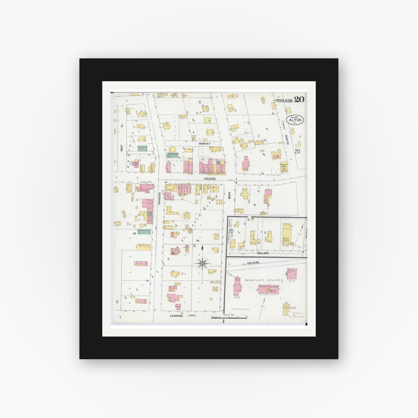 Old map wall art mockup — black gallery frame with white mat — Sanborn Fire Insurance Map from Alton, Madison County, Illinois (1902), Sheet #0020