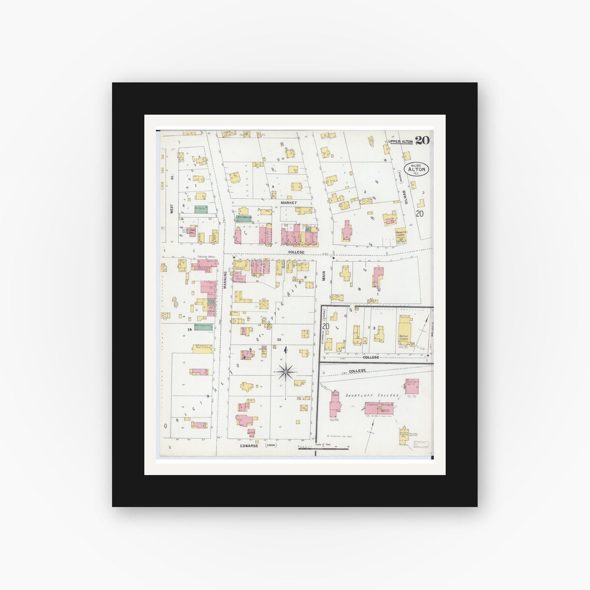 Old map wall art mockup — black gallery frame with white mat — Sanborn Fire Insurance Map from Alton, Madison County, Illinois (1902), Sheet #0020