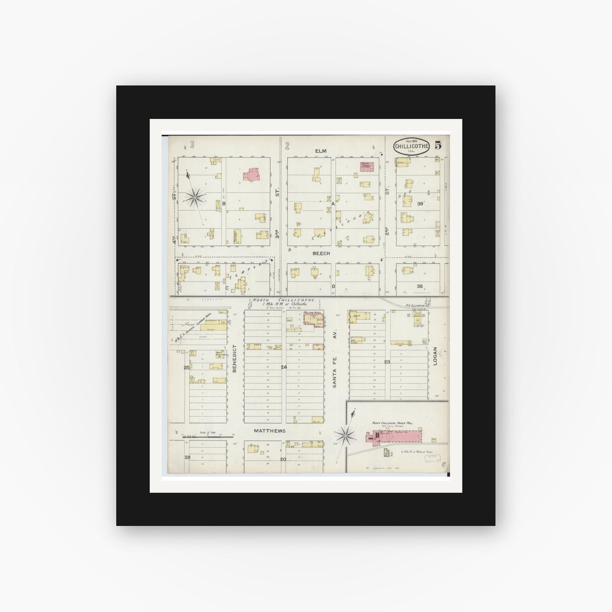 Old map wall art mockup — black gallery frame with white mat — Sanborn Fire Insurance Map from Chillicothe, Peoria County, Illinois (1893), Sheet #0005