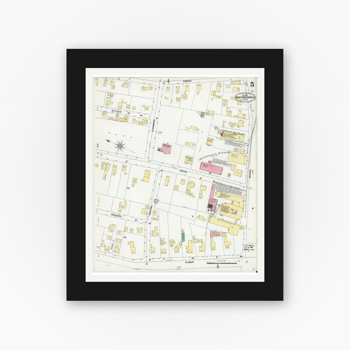 Old map wall art mockup — black gallery frame with white mat — Sanborn Fire Insurance Map from North Brookfield, Worcester County, Massachusetts (1901), Sheet #0005