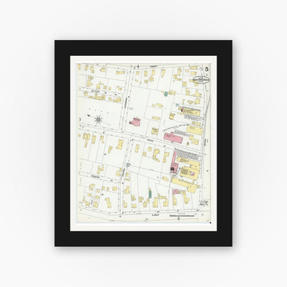 Old map wall art mockup — black gallery frame with white mat — Sanborn Fire Insurance Map from North Brookfield, Worcester County, Massachusetts (1901), Sheet #0005