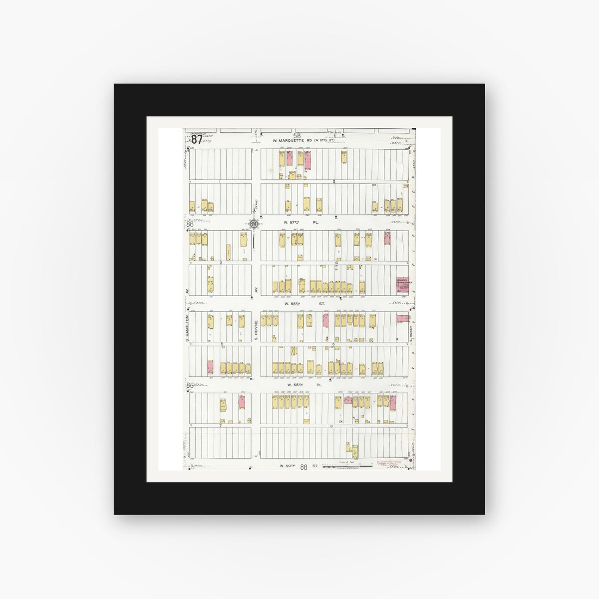 Old map wall art mockup — black gallery frame with white mat — Sanborn Fire Insurance Map from Chicago, Cook County, Illinois (1920), Sheet #0087