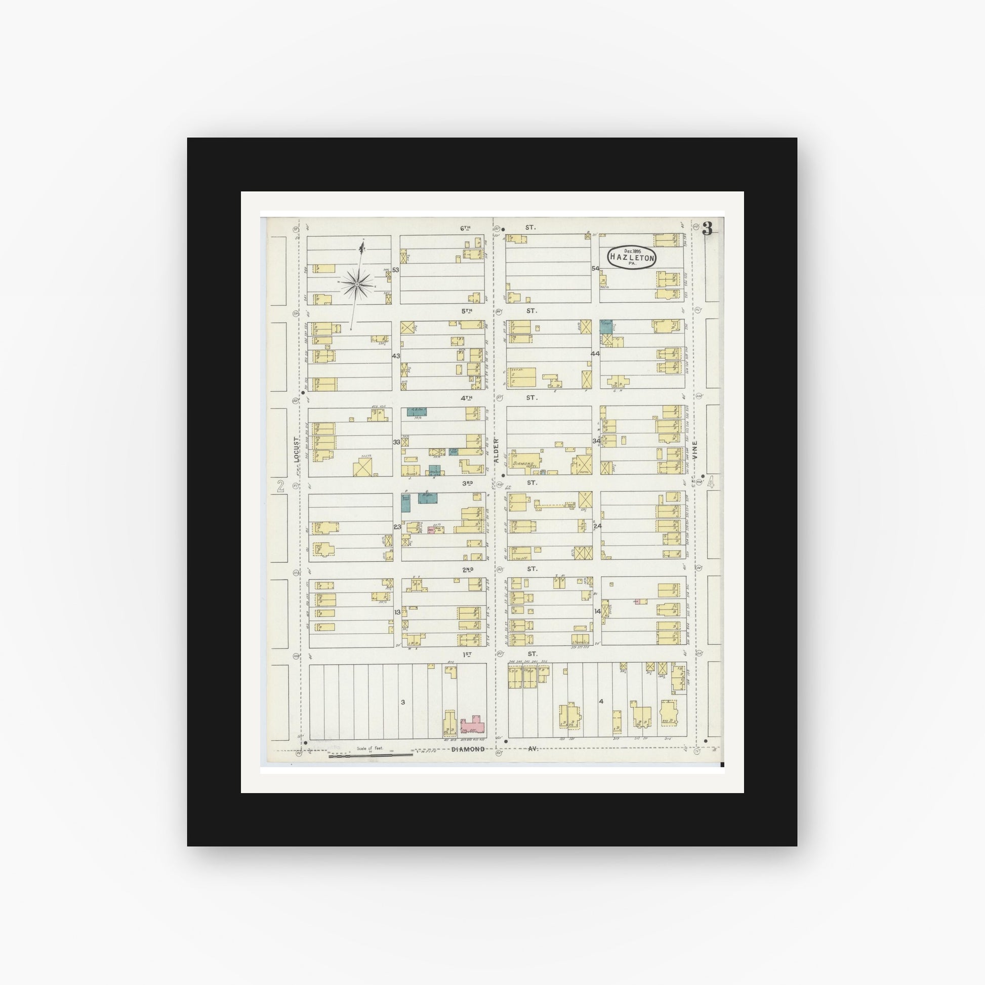 Old map wall art mockup — black gallery frame with white mat — Sanborn Fire Insurance Map from Hazleton, Luzerne County, Pennsylvania (1895), Sheet #0003