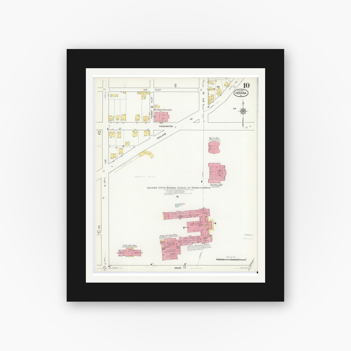 Old map wall art mockup — black gallery frame with white mat — Sanborn Fire Insurance Map from Indiana, Indiana County, Pennsylvania (1916), Sheet #0010