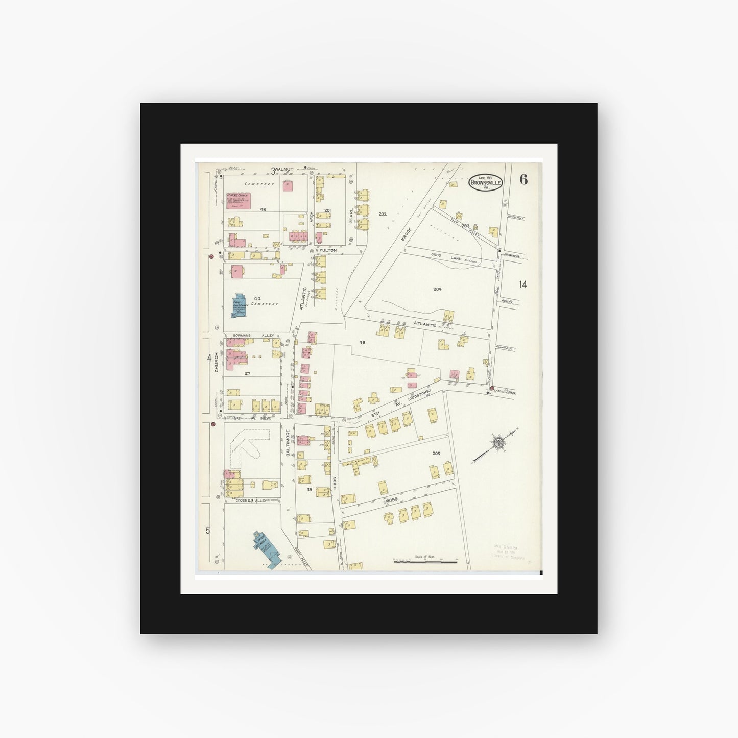 Old map wall art mockup — black gallery frame with white mat — Sanborn Fire Insurance Map from Brownsville, Fayette County, Pennsylvania (1913), Sheet #0006
