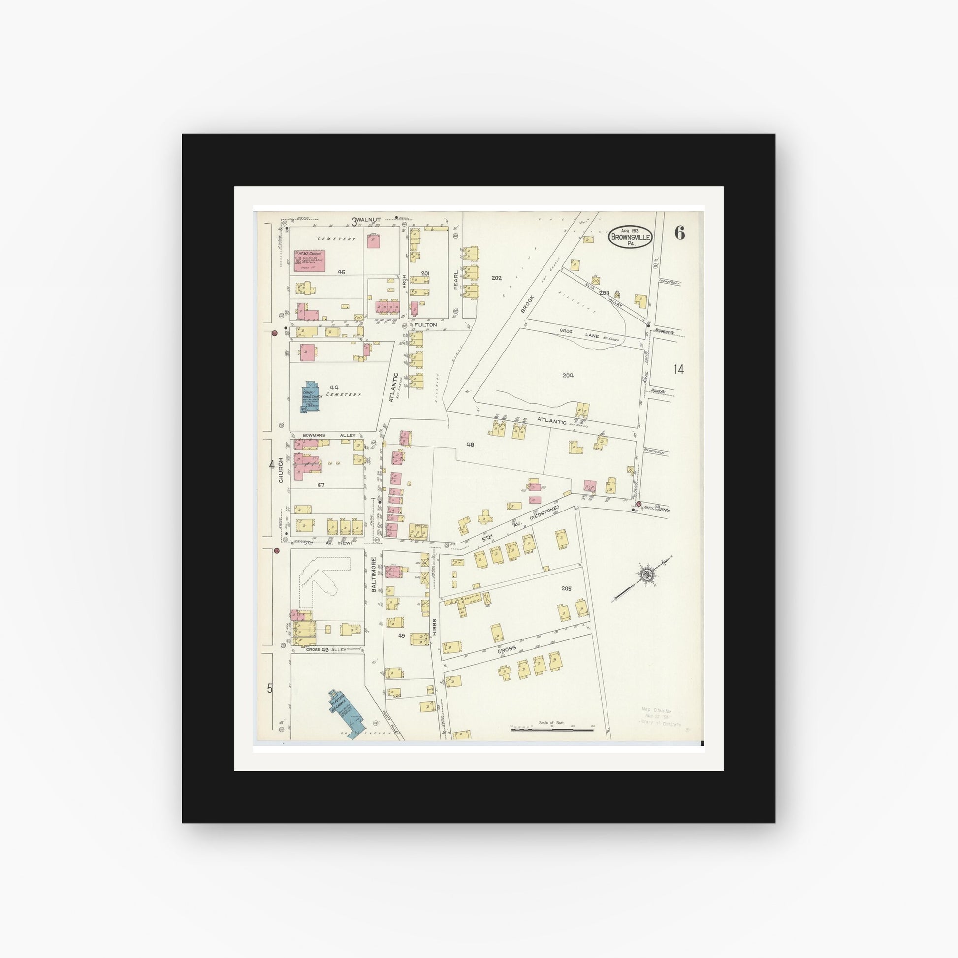 Old map wall art mockup — black gallery frame with white mat — Sanborn Fire Insurance Map from Brownsville, Fayette County, Pennsylvania (1913), Sheet #0006
