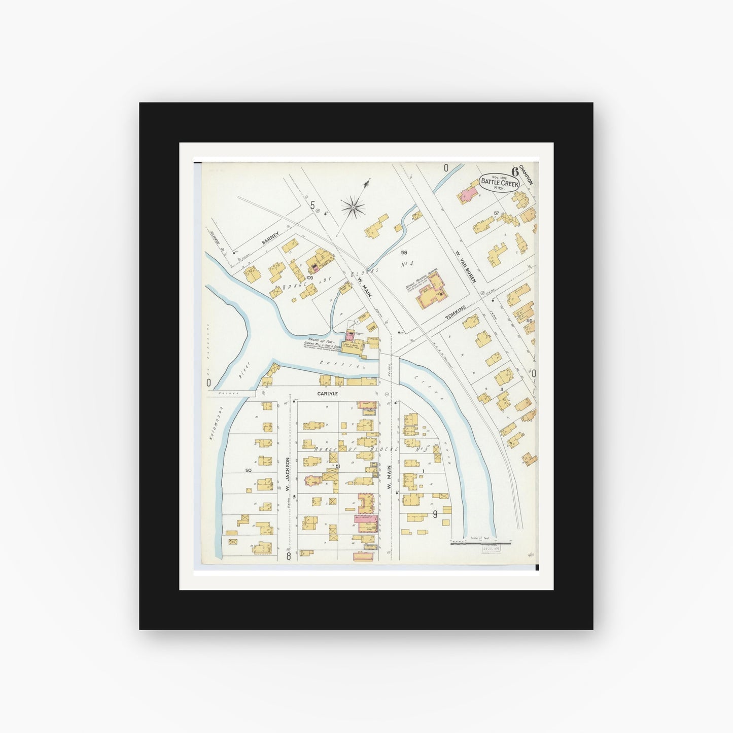 Old map wall art mockup — black gallery frame with white mat — Sanborn Fire Insurance Map from Battle Creek, Calhoun County, Michigan (1899), Sheet #0006