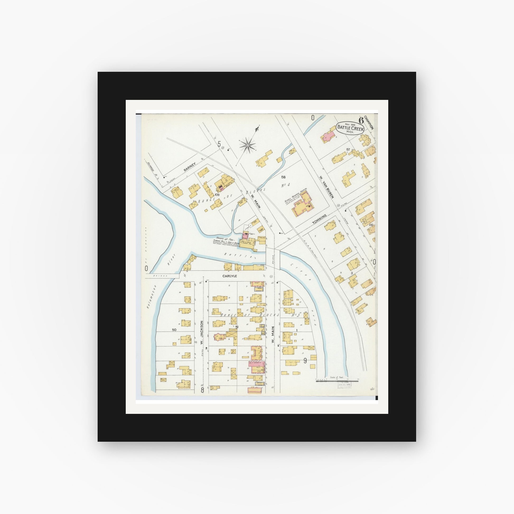 Old map wall art mockup — black gallery frame with white mat — Sanborn Fire Insurance Map from Battle Creek, Calhoun County, Michigan (1899), Sheet #0006