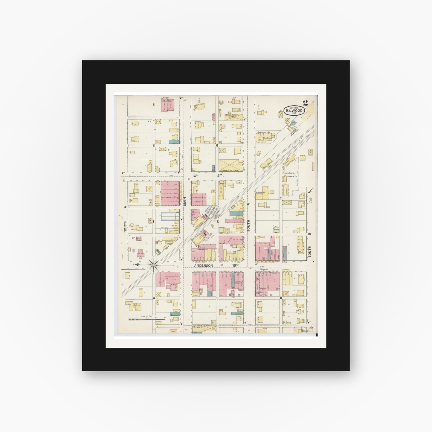 Old map wall art mockup — black gallery frame with white mat — Sanborn Fire Insurance Map from Elwood, Madison County, Indiana (1892), Sheet #0002