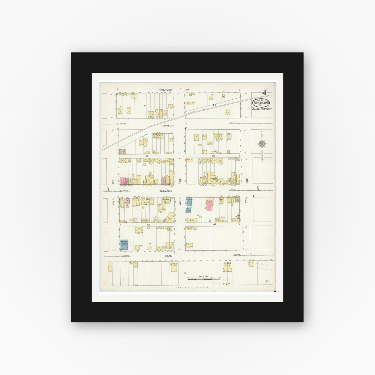 Old map wall art mockup — black gallery frame with white mat — Sanborn Fire Insurance Map from Trevorton Post Office, Northumberland County, Pennsylvania (1913), Sheet #0004
