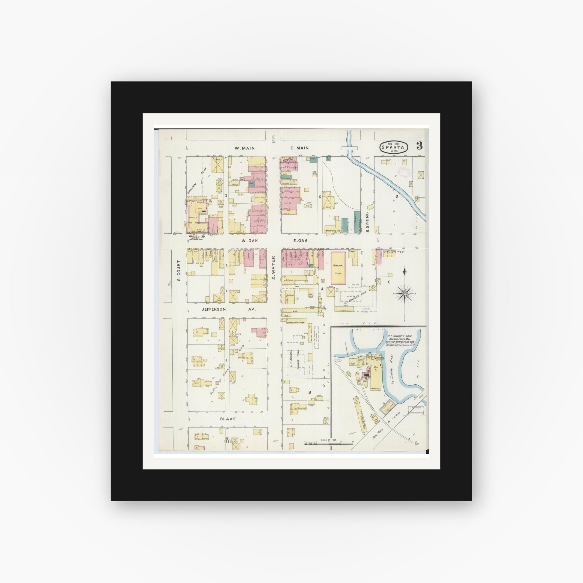 Old map wall art mockup — black gallery frame with white mat — Sanborn Fire Insurance Map from Sparta, Monroe County, Wisconsin (1894), Sheet #0003