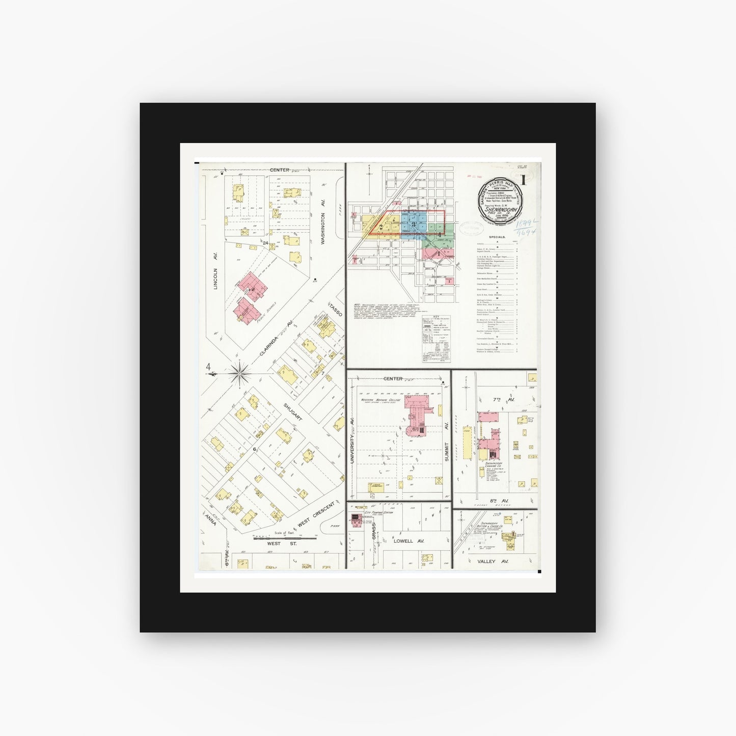 Old map wall art mockup — black gallery frame with white mat — Sanborn Fire Insurance Map from Shenandoah, Page County, Iowa (1899) â€” Complete Set