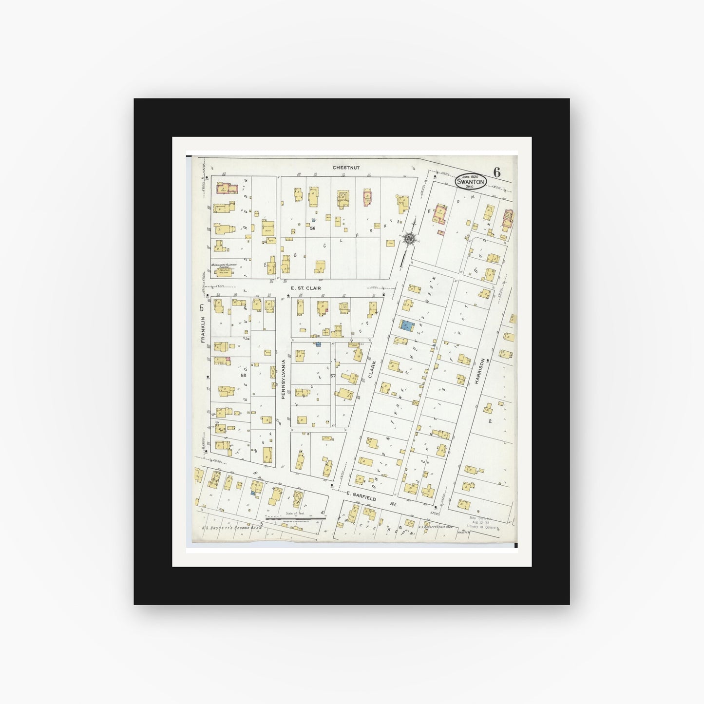 Old map wall art mockup — black gallery frame with white mat — Sanborn Fire Insurance Map from Swanton, Fulton County, Ohio (1920), Sheet #0006