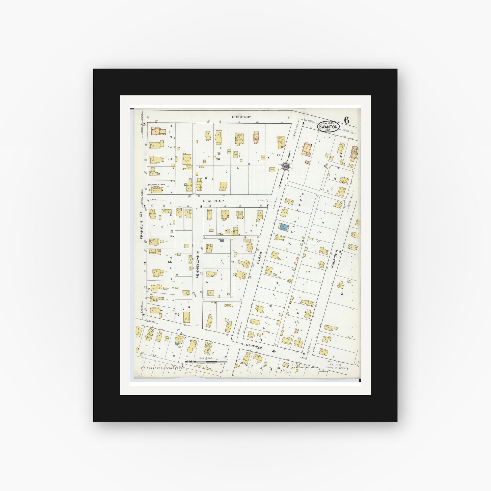Old map wall art mockup — black gallery frame with white mat — Sanborn Fire Insurance Map from Swanton, Fulton County, Ohio (1920), Sheet #0006