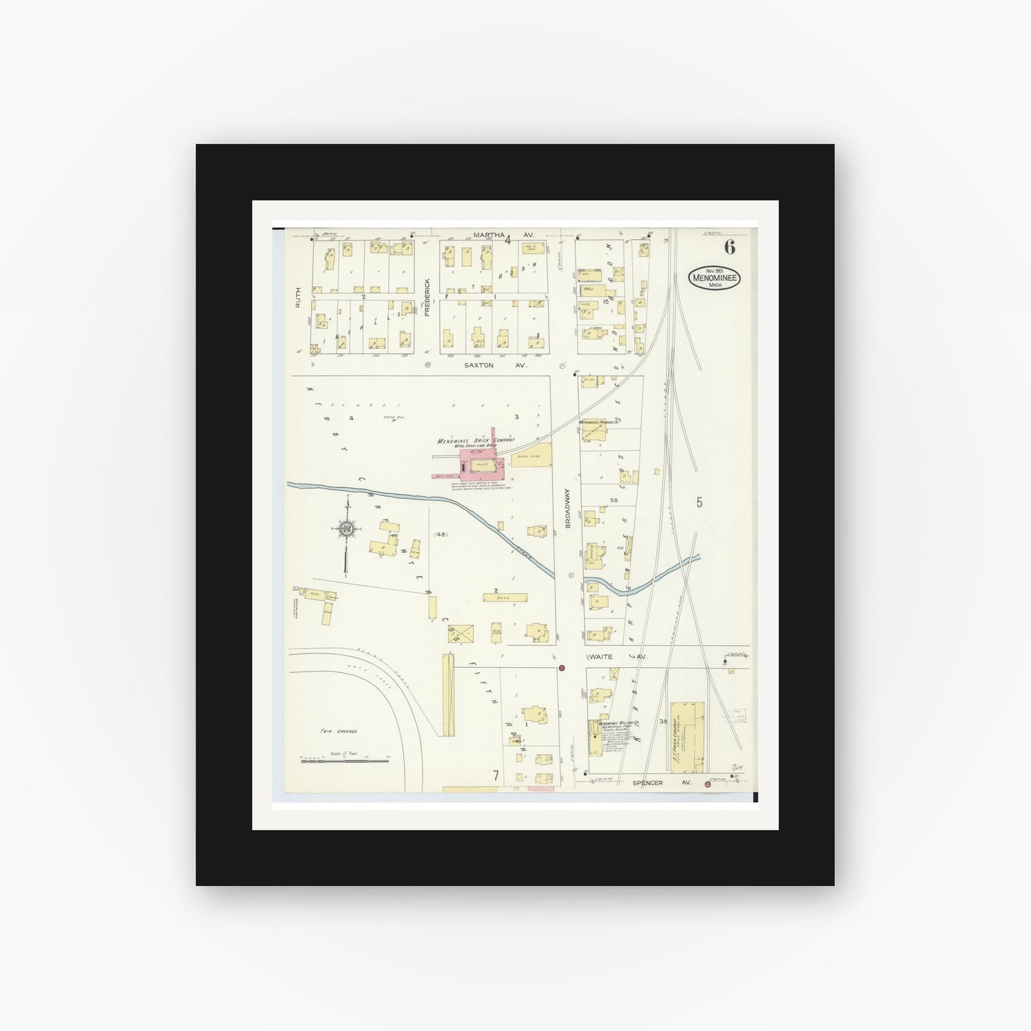 Old map wall art mockup — black gallery frame with white mat — Sanborn Fire Insurance Map from Menominee, Menominee County, Michigan (1913), Sheet #0006