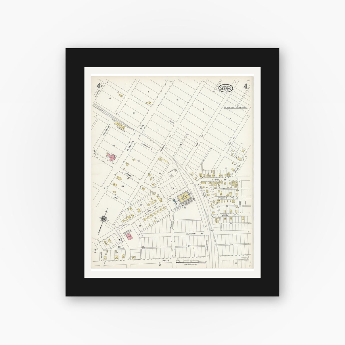 Old map wall art mockup — black gallery frame with white mat — Sanborn Fire Insurance Map from Sebring, Highlands County, Florida (1924), Sheet #0004