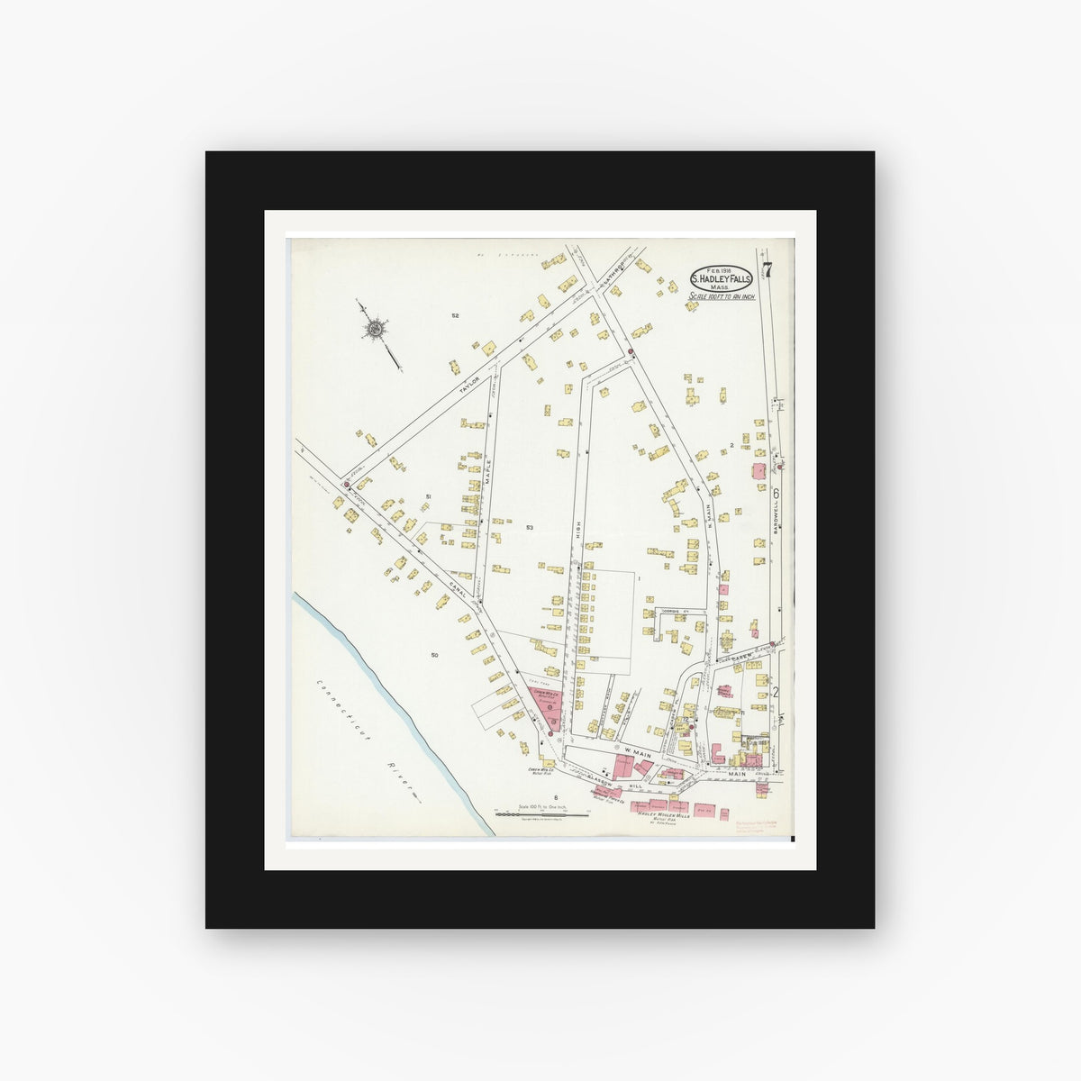 Old map wall art mockup — black gallery frame with white mat — Sanborn Fire Insurance Map from South Hadley Falls, Hampshire County, Massachusetts (1918), Sheet #0007