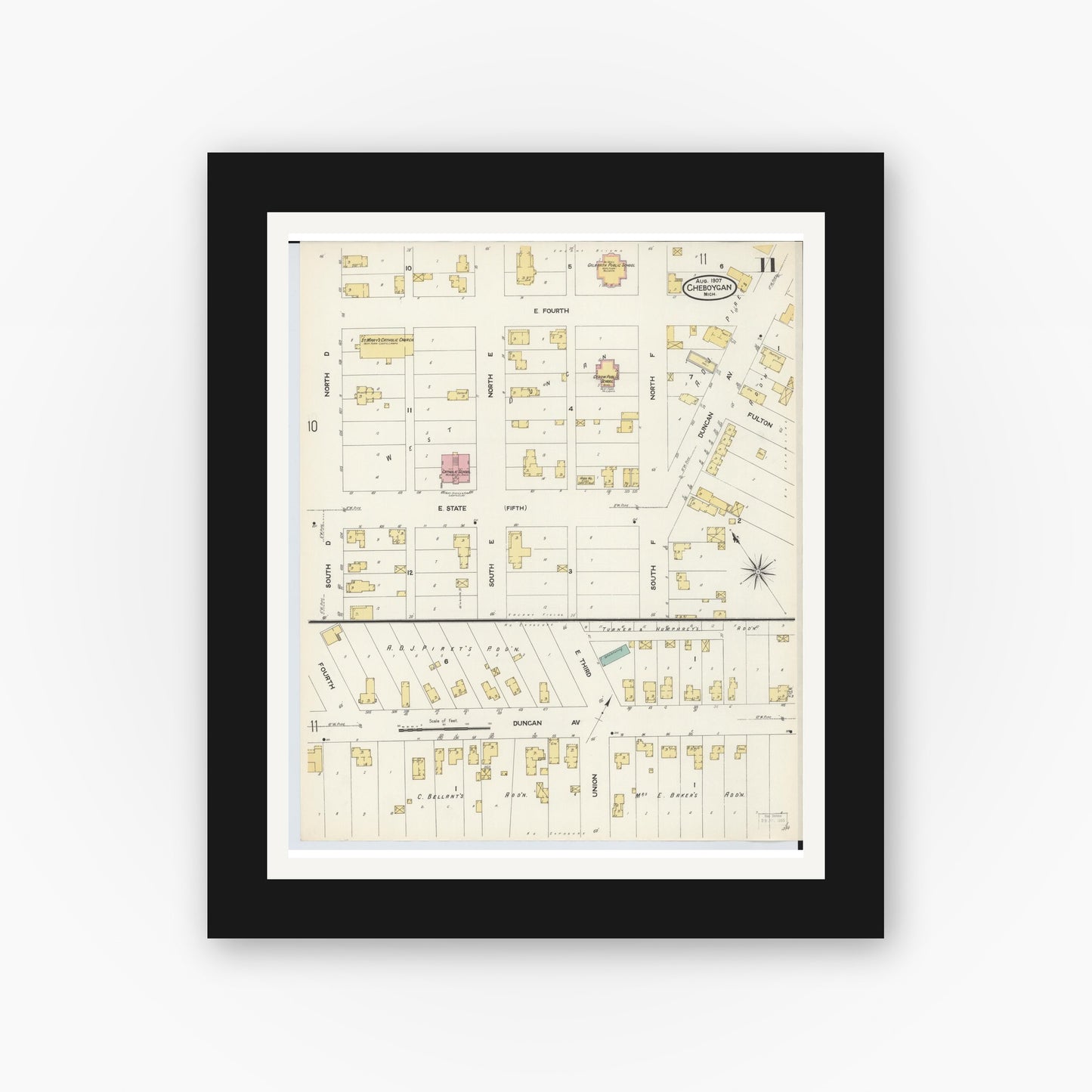 Old map wall art mockup — black gallery frame with white mat — Sanborn Fire Insurance Map from Cheboygan, Cheboygan County, Michigan (1907), Sheet #0011