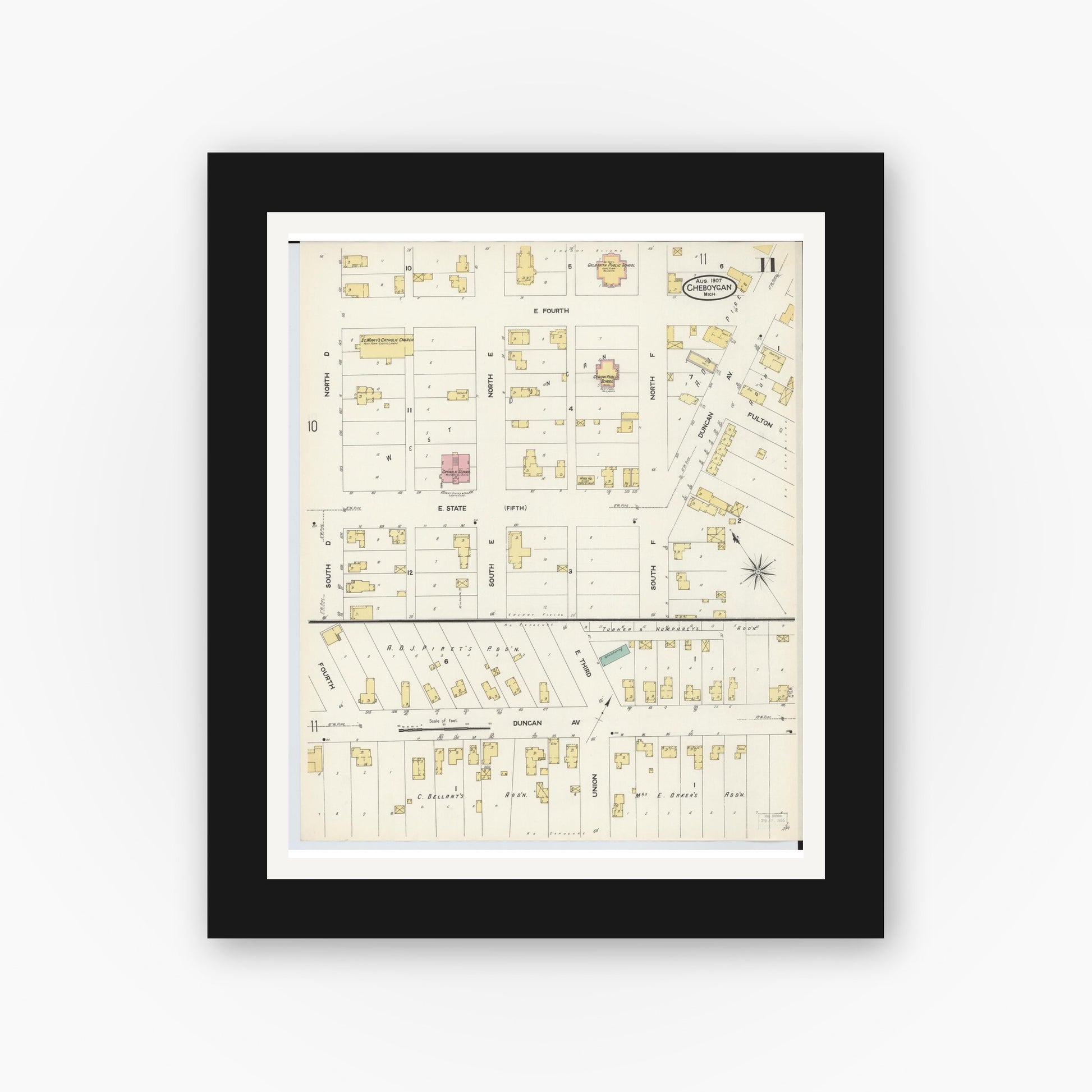 Old map wall art mockup — black gallery frame with white mat — Sanborn Fire Insurance Map from Cheboygan, Cheboygan County, Michigan (1907), Sheet #0011