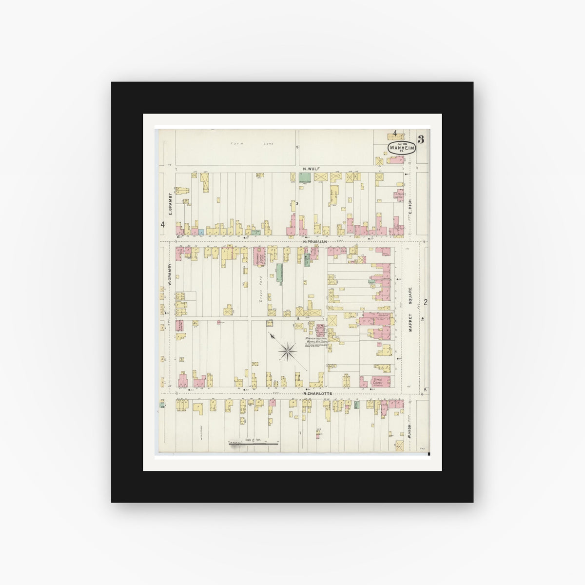 Old map wall art mockup — black gallery frame with white mat — Sanborn Fire Insurance Map from Manheim, Lancaster County, Pennsylvania (1896), Sheet #0003