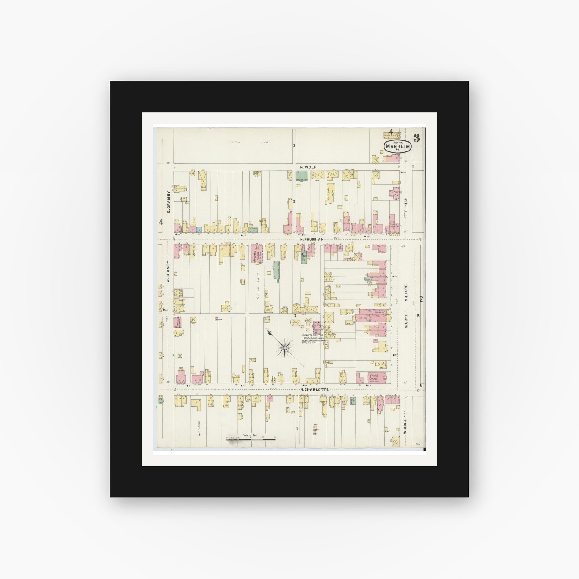 Old map wall art mockup — black gallery frame with white mat — Sanborn Fire Insurance Map from Manheim, Lancaster County, Pennsylvania (1896), Sheet #0003