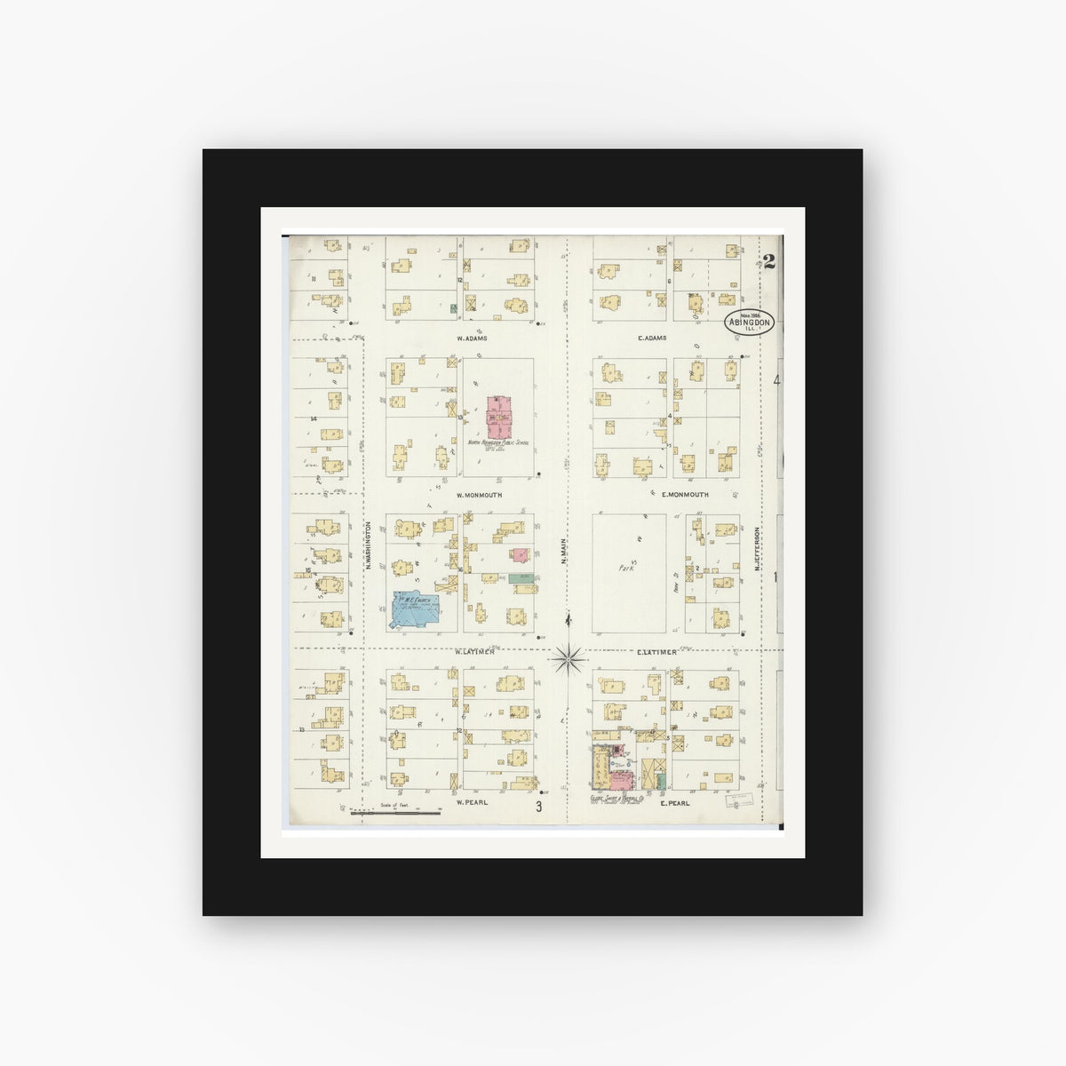 Old map wall art mockup — black gallery frame with white mat — Sanborn Fire Insurance Map from Abingdon, Knox County, Illinois (1906), Sheet #0002