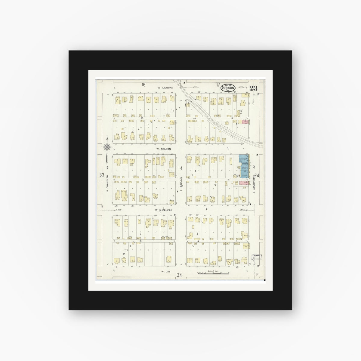 Old map wall art mockup — black gallery frame with white mat — Sanborn Fire Insurance Map from Denison, Grayson County, Texas (1914), Sheet #0023