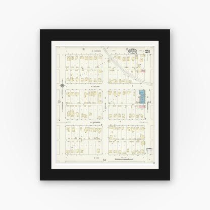 Old map wall art mockup — black gallery frame with white mat — Sanborn Fire Insurance Map from Denison, Grayson County, Texas (1914), Sheet #0023
