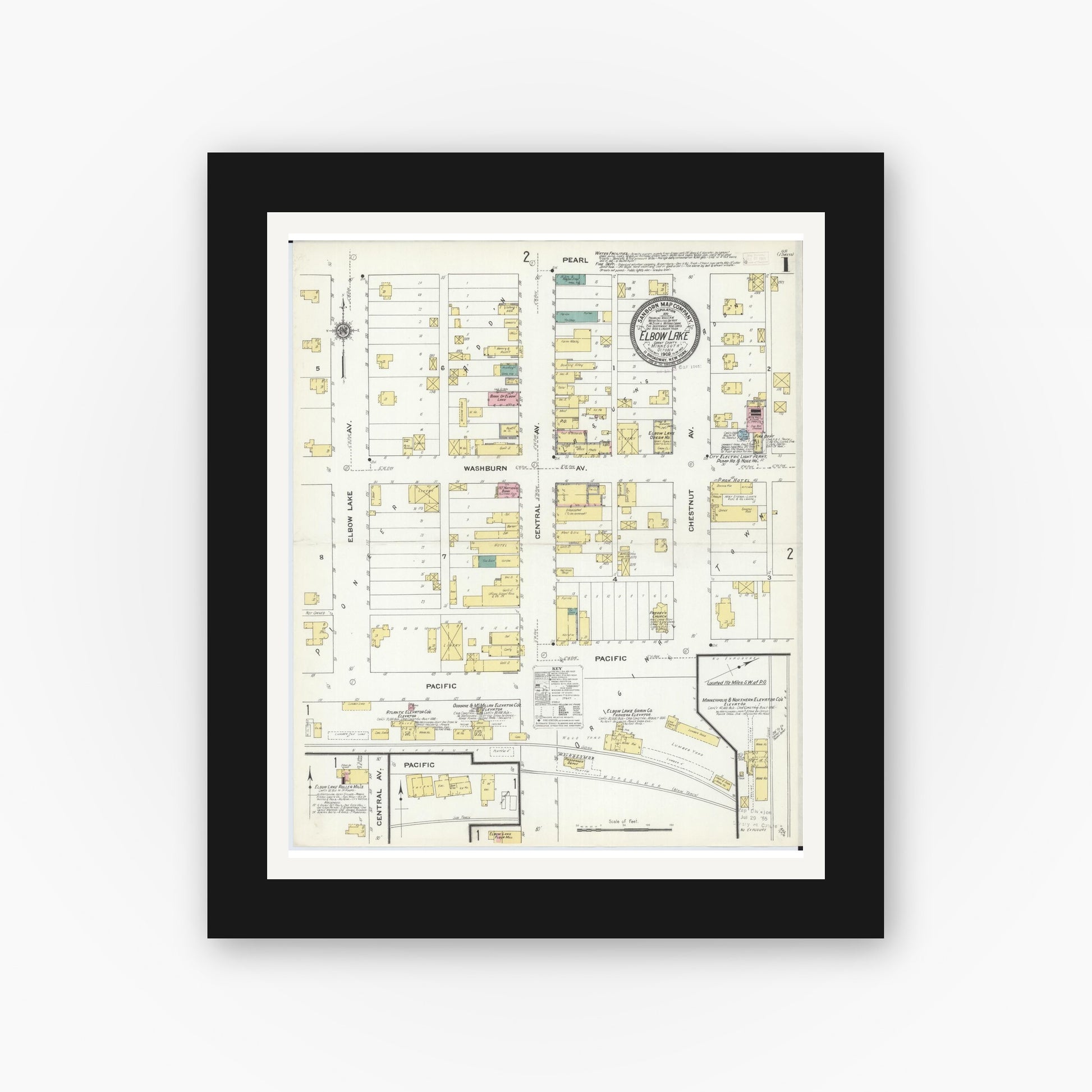 Old map wall art mockup — black gallery frame with white mat — Sanborn Fire Insurance Map from Elbow Lake, Grant County, Minnesota (1909), Sheet #0001