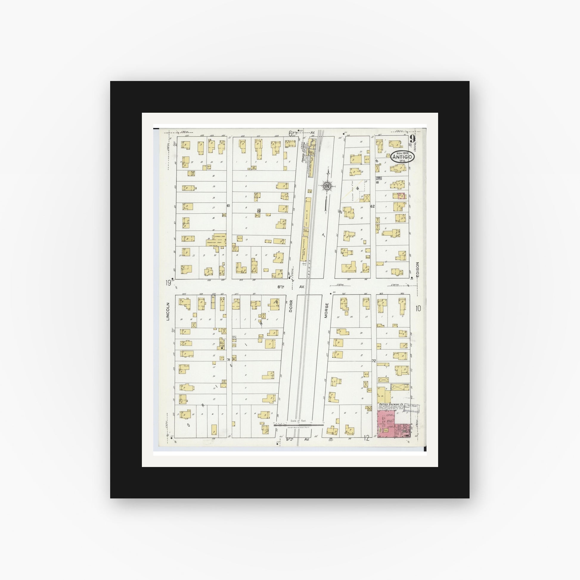Old map wall art mockup — black gallery frame with white mat — Sanborn Fire Insurance Map from Antigo, Langlade County, Wisconsin (1919), Sheet #0009