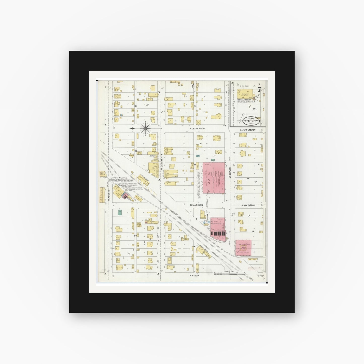 Old map wall art mockup — black gallery frame with white mat — Sanborn Fire Insurance Map from Webb City, Jasper County, Missouri (1906), Sheet #0007