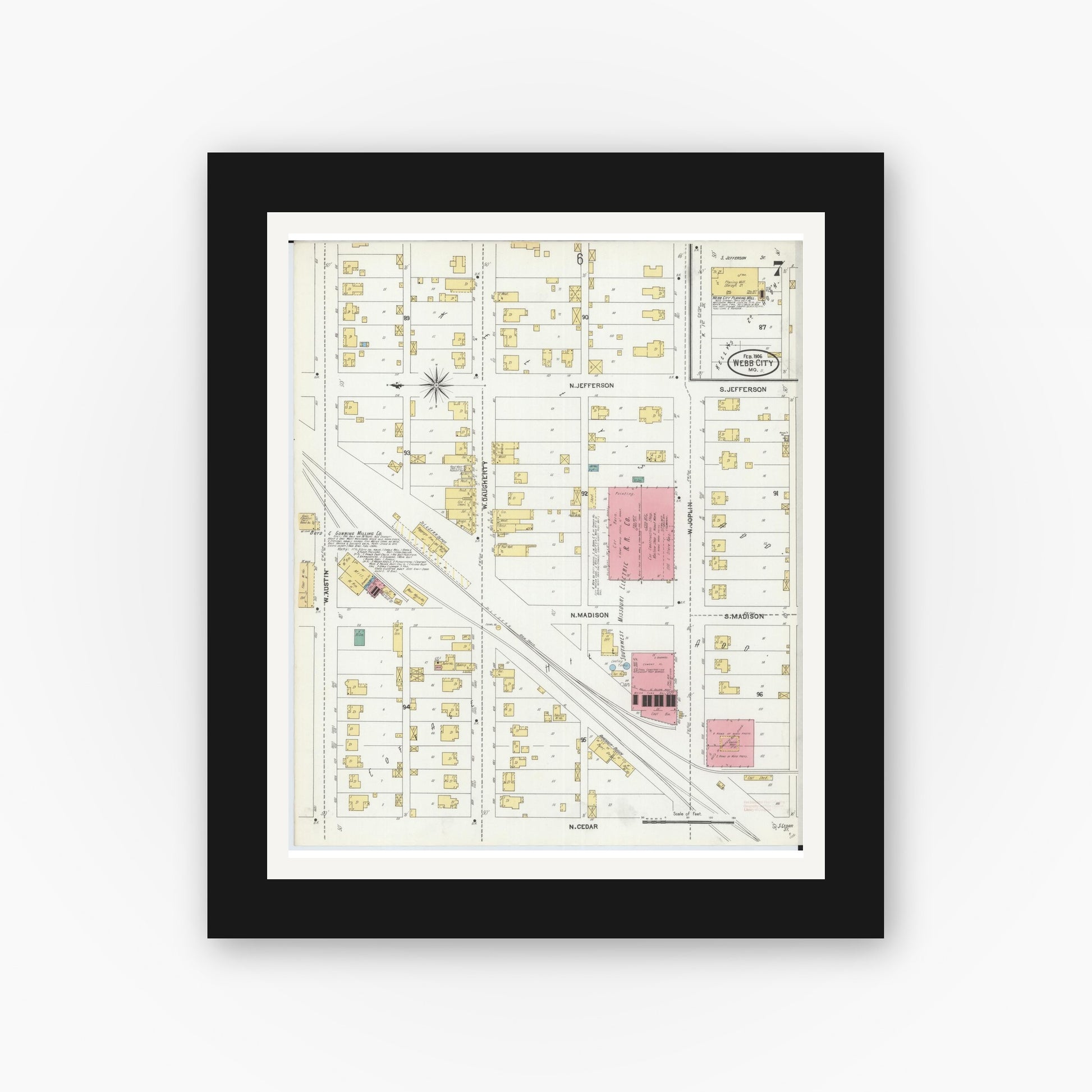 Old map wall art mockup — black gallery frame with white mat — Sanborn Fire Insurance Map from Webb City, Jasper County, Missouri (1906), Sheet #0007