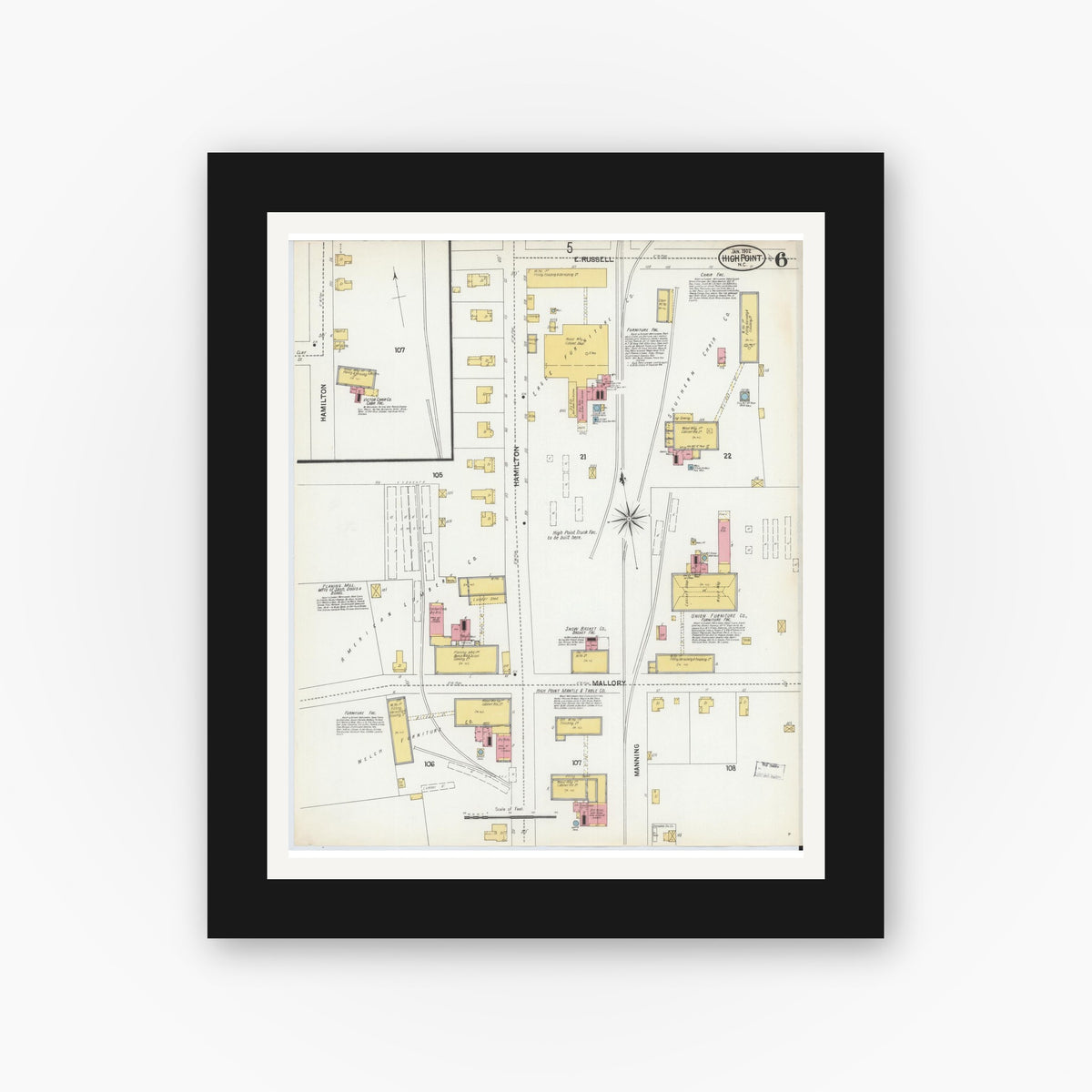 Old map wall art mockup — black gallery frame with white mat — Sanborn Fire Insurance Map from High Point, Guilford County, North Carolina (1902), Sheet #0006