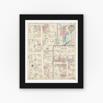 Old map wall art mockup — black gallery frame with white mat — Sanborn Fire Insurance Map from Muncie, Delaware County, Indiana (1883) - Complete Map Set