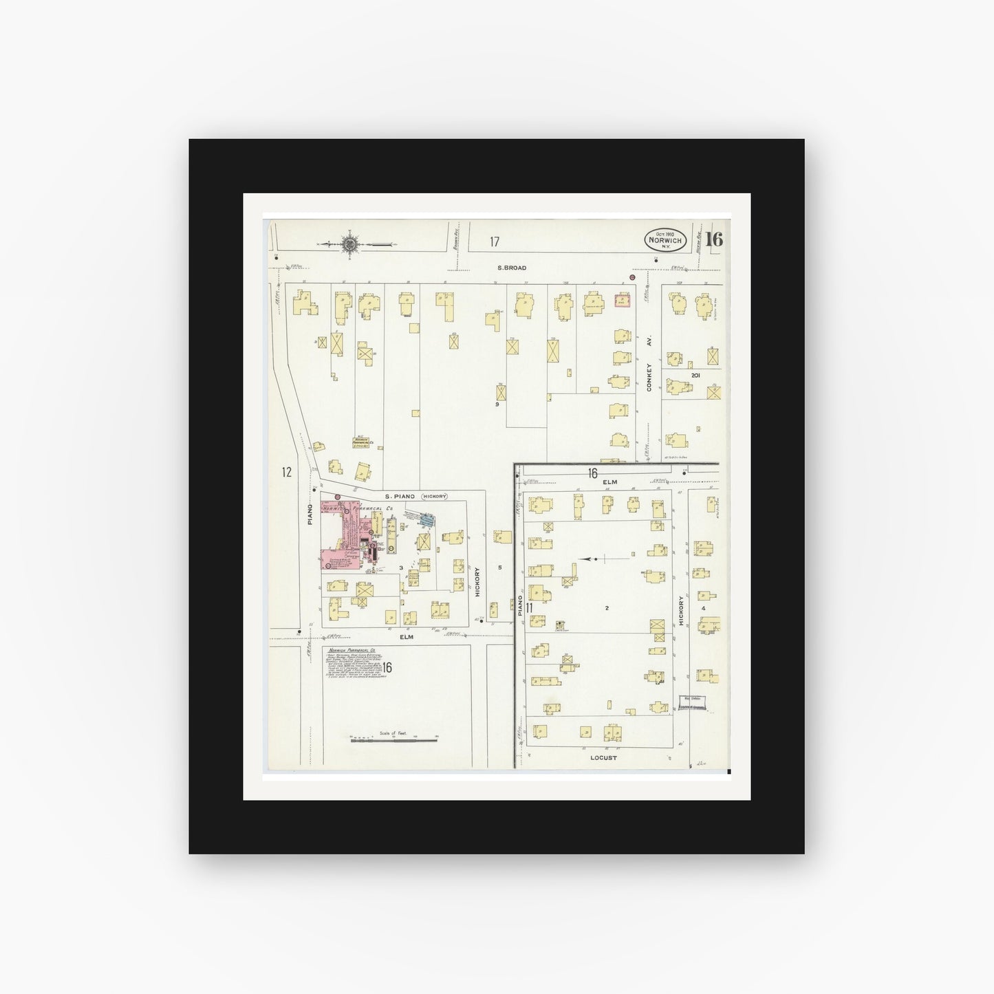 Old map wall art mockup — black gallery frame with white mat — Sanborn Fire Insurance Map from Norwich, Chenango County, New York (1910), Sheet #0016