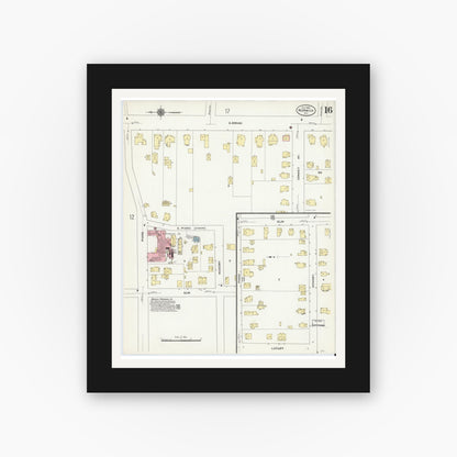 Old map wall art mockup — black gallery frame with white mat — Sanborn Fire Insurance Map from Norwich, Chenango County, New York (1910), Sheet #0016