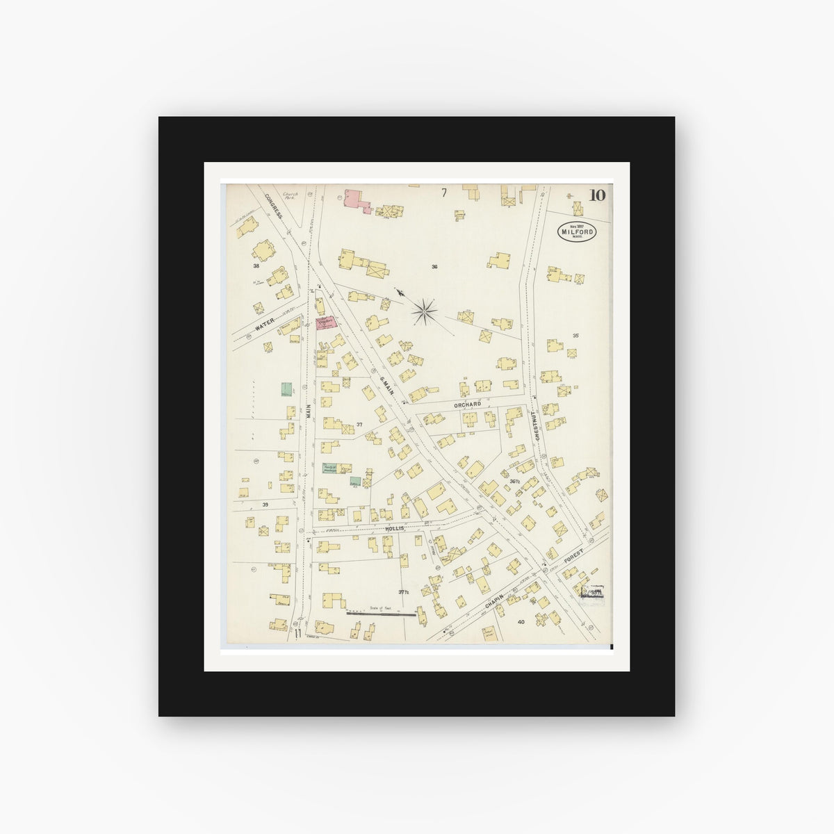 Old map wall art mockup — black gallery frame with white mat — Sanborn Fire Insurance Map from Milford, Worcester County, Massachusetts (1897), Sheet #0010
