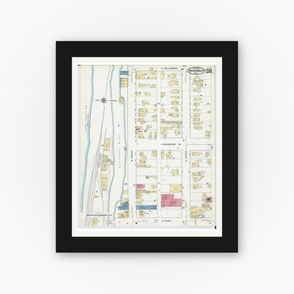 Old map wall art mockup — black gallery frame with white mat — Sanborn Fire Insurance Map from Traverse City, Grand Traverse County, Michigan (1920), Sheet #0028