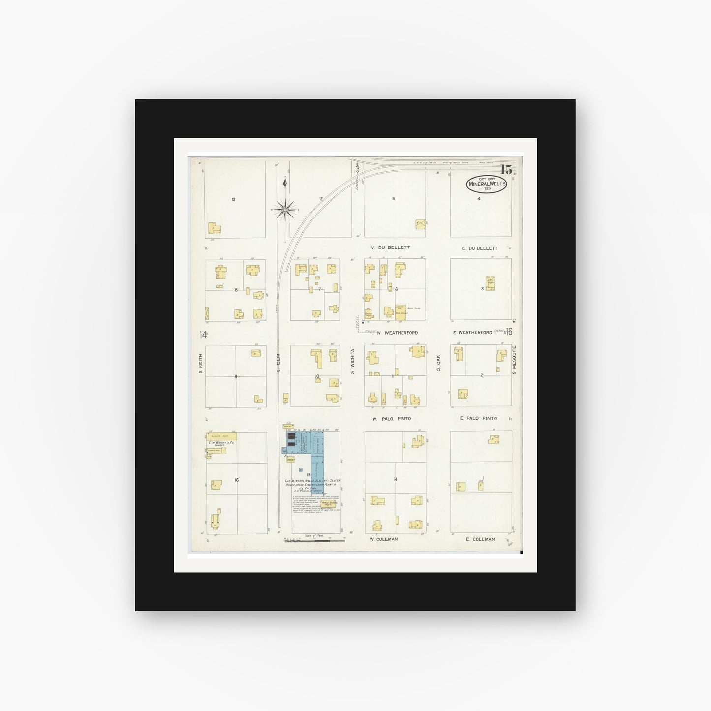 Old map wall art mockup — black gallery frame with white mat — Sanborn Fire Insurance Map from Mineral Wells, Palo Pinto County, Texas (1907), Sheet #0015