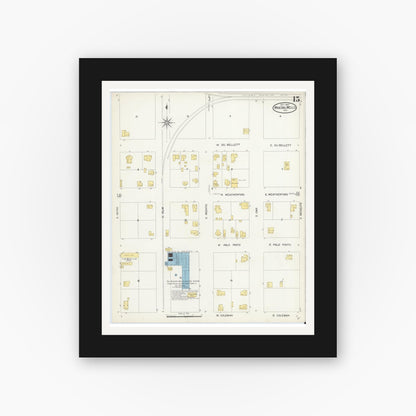 Old map wall art mockup — black gallery frame with white mat — Sanborn Fire Insurance Map from Mineral Wells, Palo Pinto County, Texas (1907), Sheet #0015