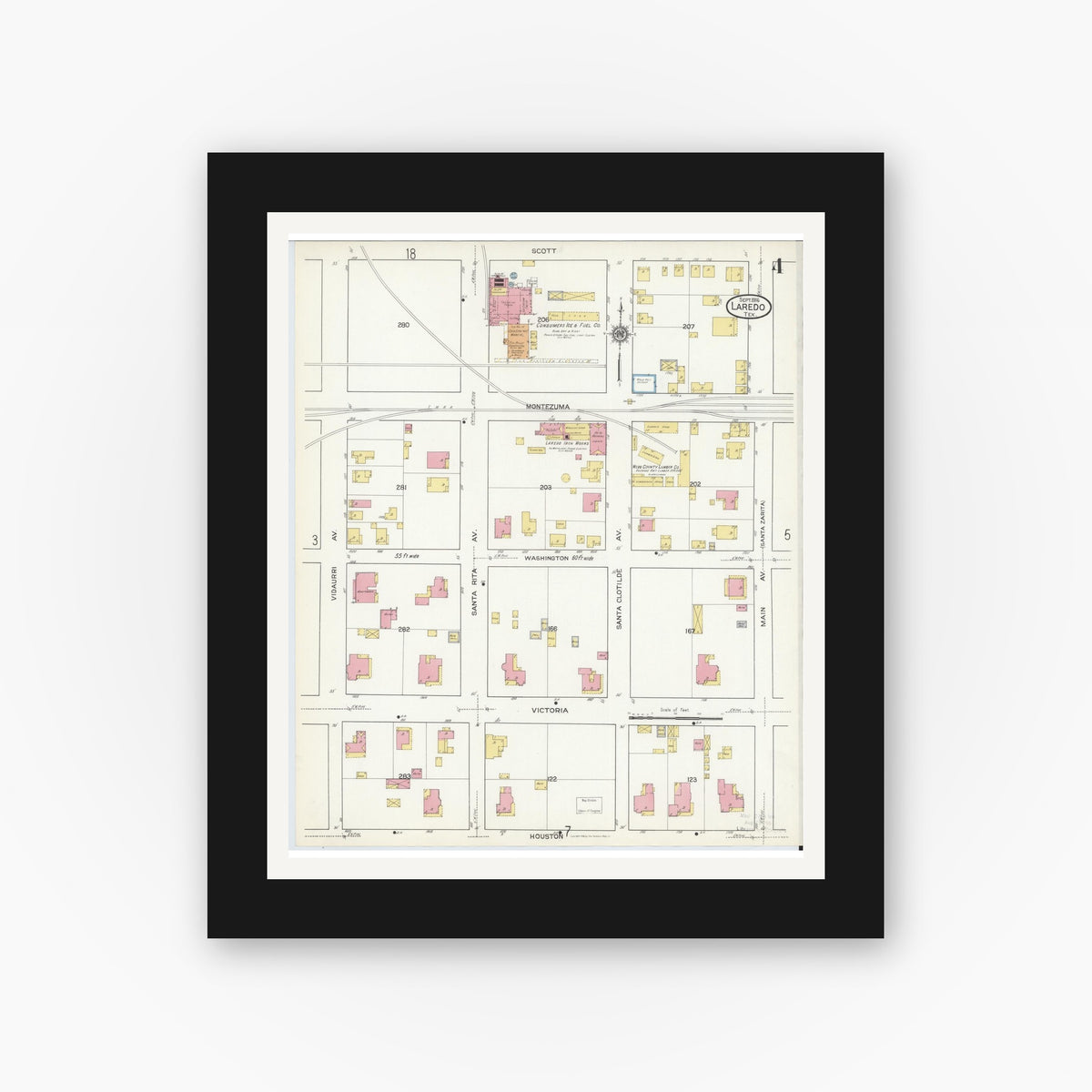 Old map wall art mockup — black gallery frame with white mat — Sanborn Fire Insurance Map from Laredo, Webb County, Texas (1916), Sheet #0004