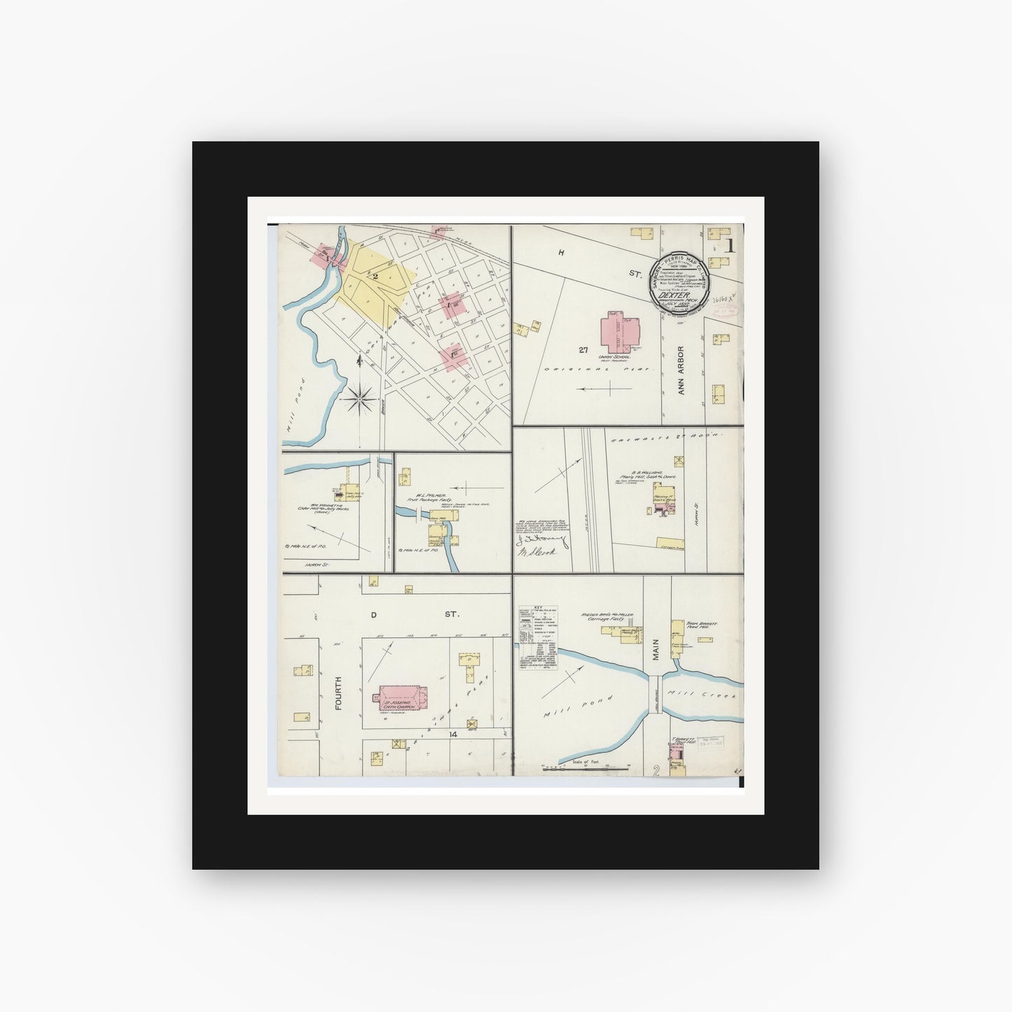 Old map wall art mockup — black gallery frame with white mat — Sanborn Fire Insurance Map from Dexter, Washtenaw County, Michigan (1892) - Complete Map Set