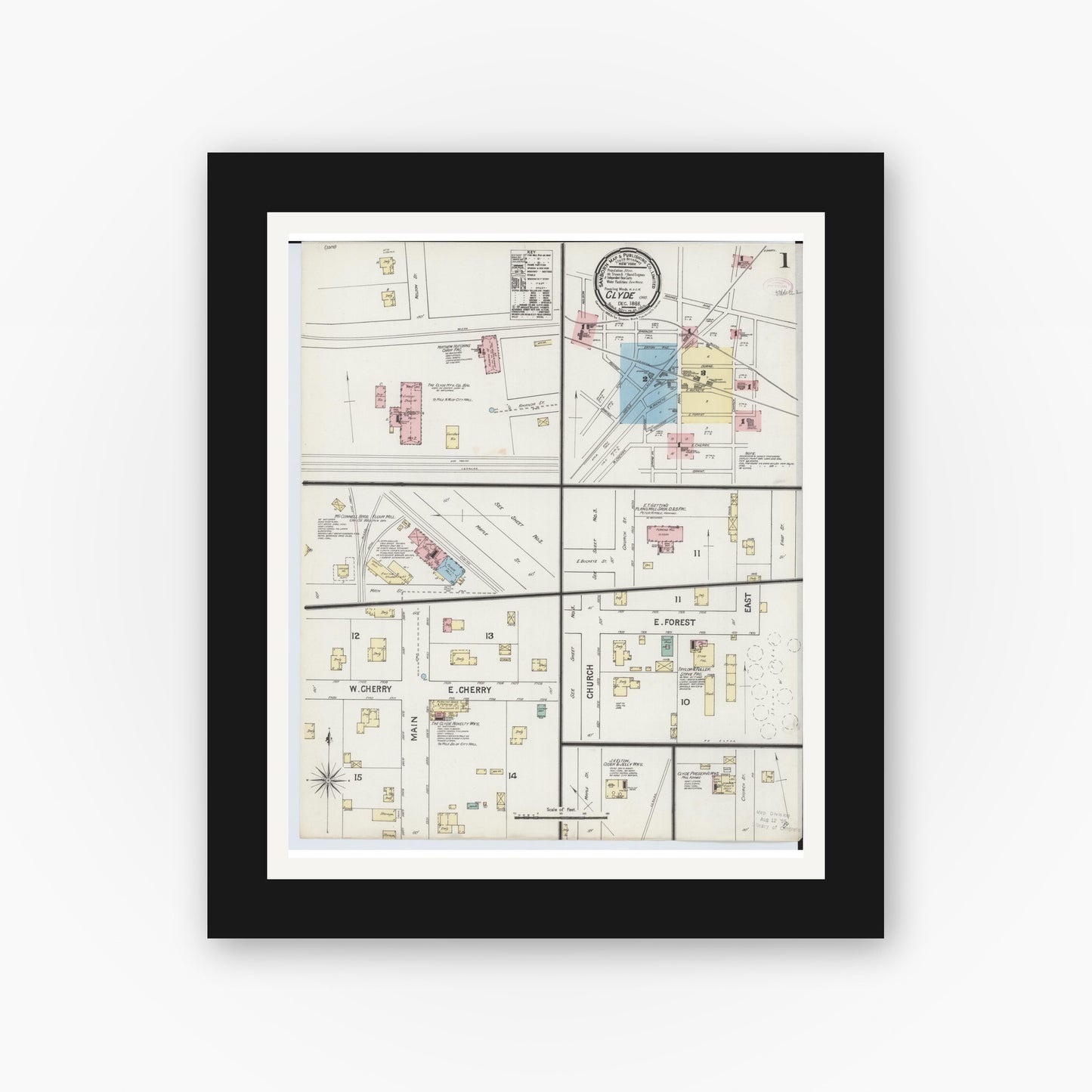 Old map wall art mockup — black gallery frame with white mat — Sanborn Fire Insurance Map from Clyde, Sandusky County, Ohio (1888), Sheet #0001