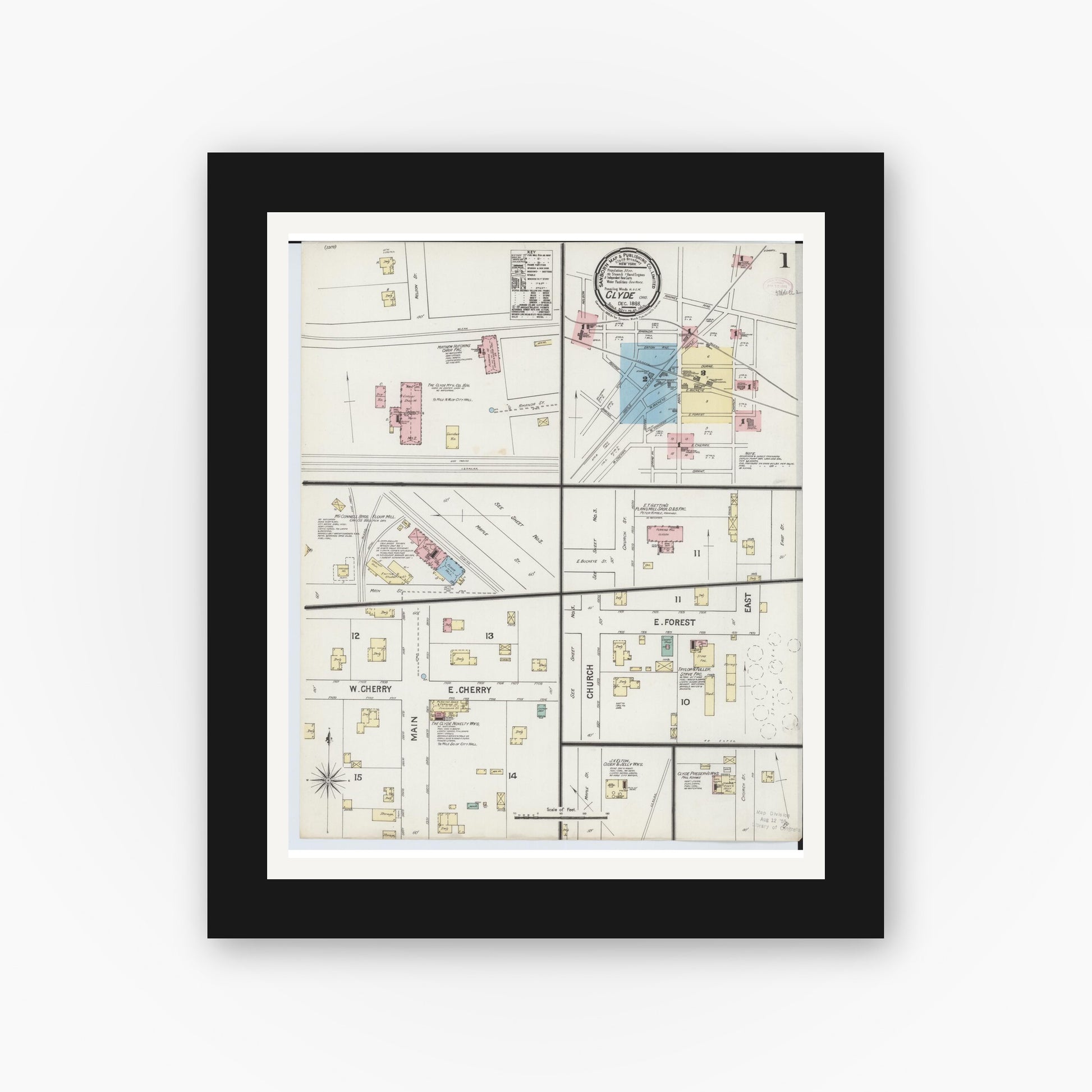 Old map wall art mockup — black gallery frame with white mat — Sanborn Fire Insurance Map from Clyde, Sandusky County, Ohio (1888), Sheet #0001