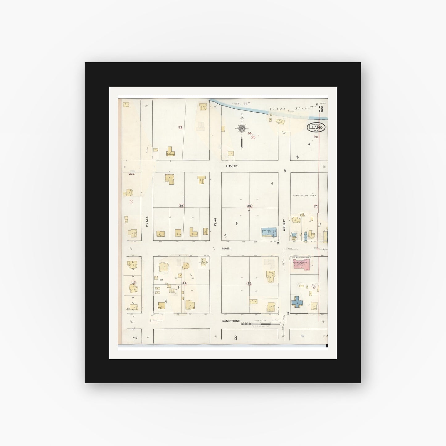 Old map wall art mockup — black gallery frame with white mat — Sanborn Fire Insurance Map from Llano, Llano County, Texas (1942), Sheet #0003