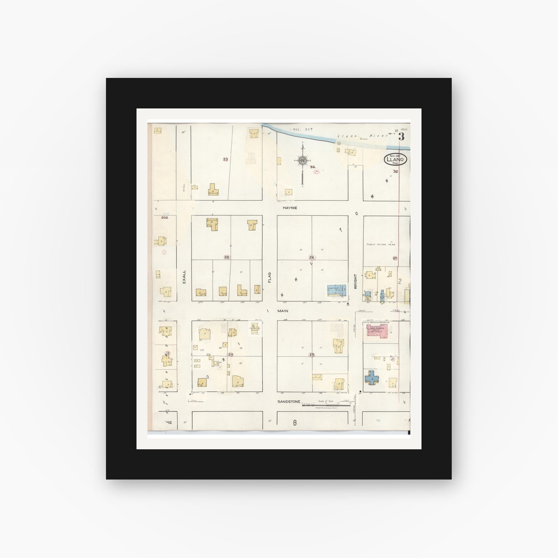 Old map wall art mockup — black gallery frame with white mat — Sanborn Fire Insurance Map from Llano, Llano County, Texas (1942), Sheet #0003